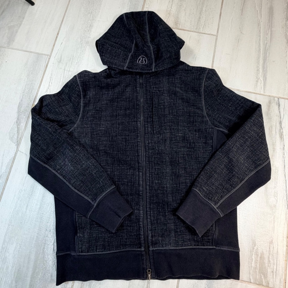 Lululemon Mens Scuba Full Zip Hoodie Black Grey Textured Crosshatch XL